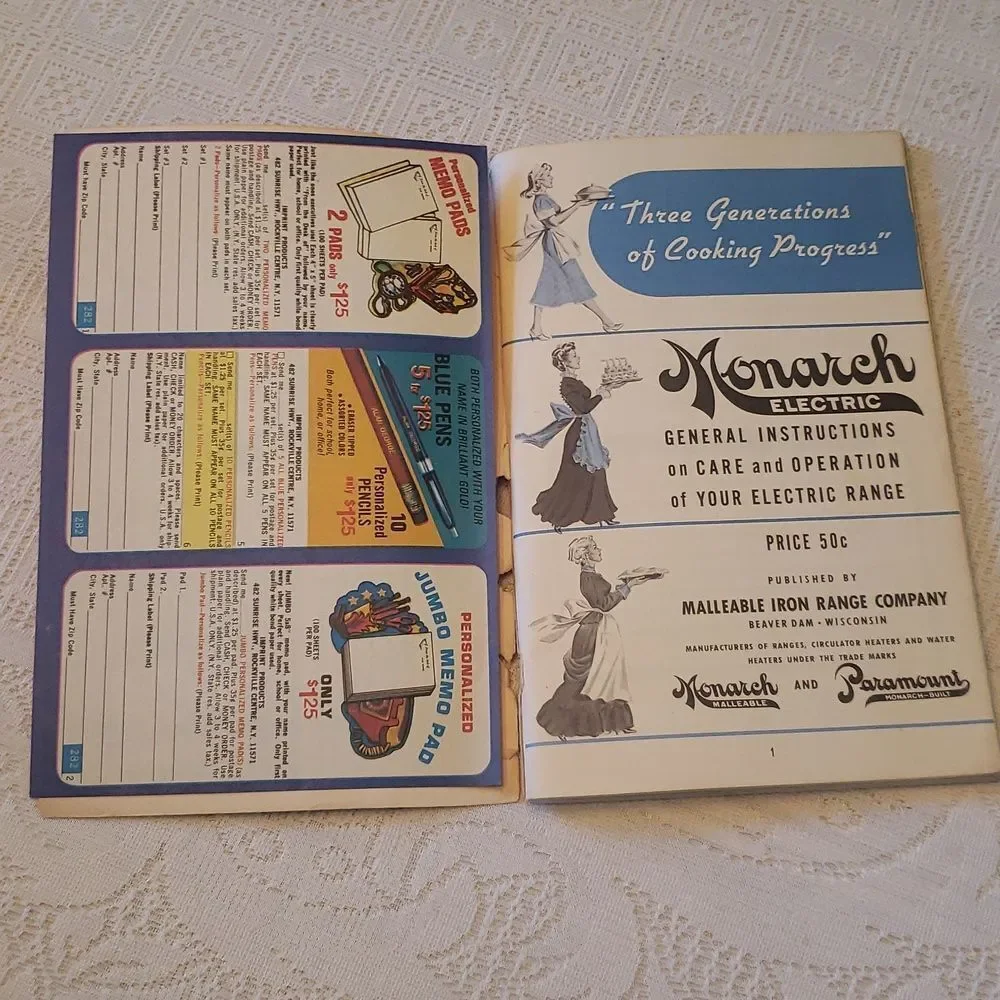 Vintage 1960s Monarch Electric Range Instruction Book w / Recipes